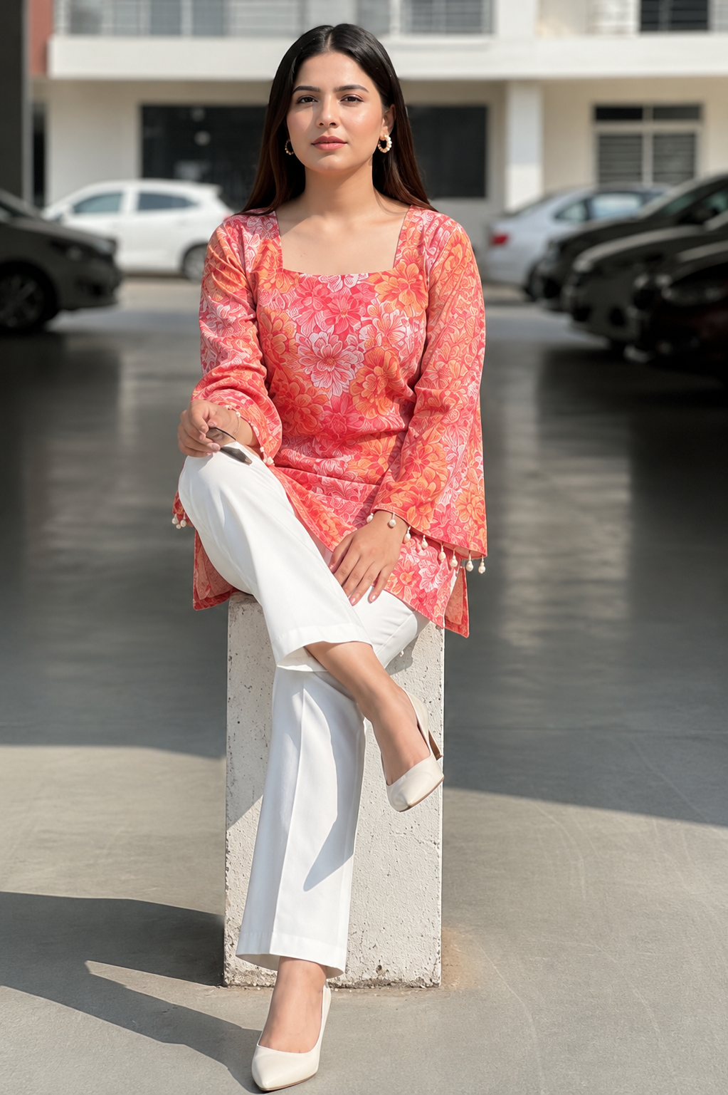 Floral Printed Square Neck Pure Cotton Kurti