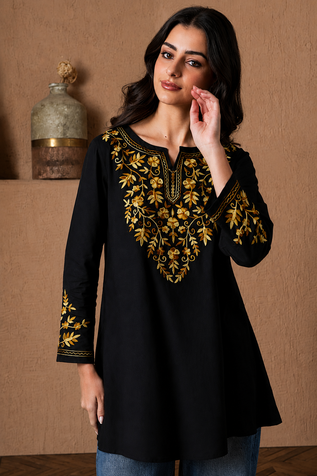 Qazmi Kashmiri Aari Work Viscose Rayon A-Line Flared Kurti