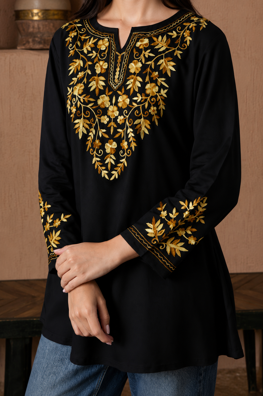 Qazmi Kashmiri Aari Work Viscose Rayon A-Line Flared Kurti