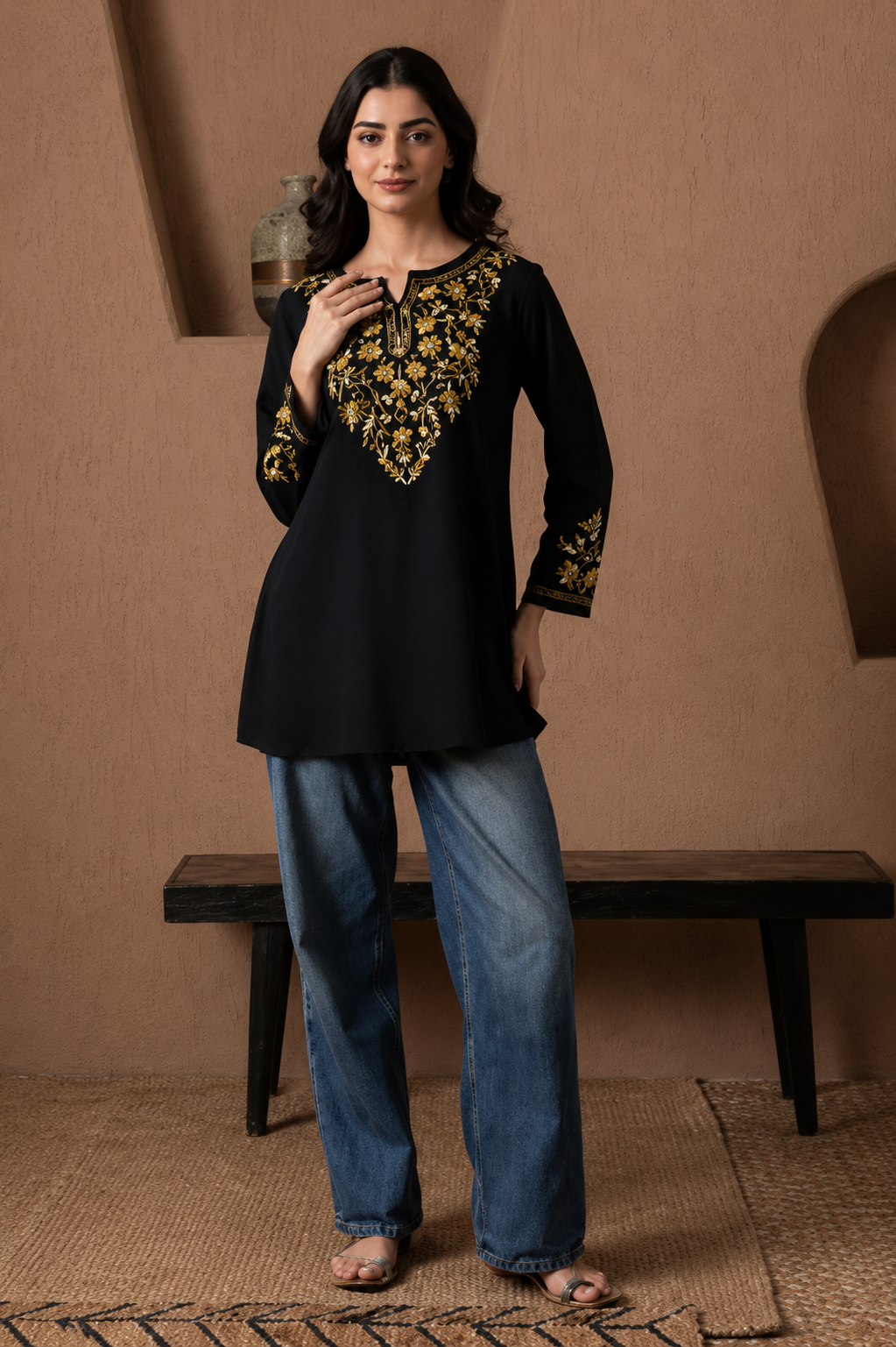 Qazmi Kashmiri Aari Work Viscose Rayon A-Line Flared Kurti
