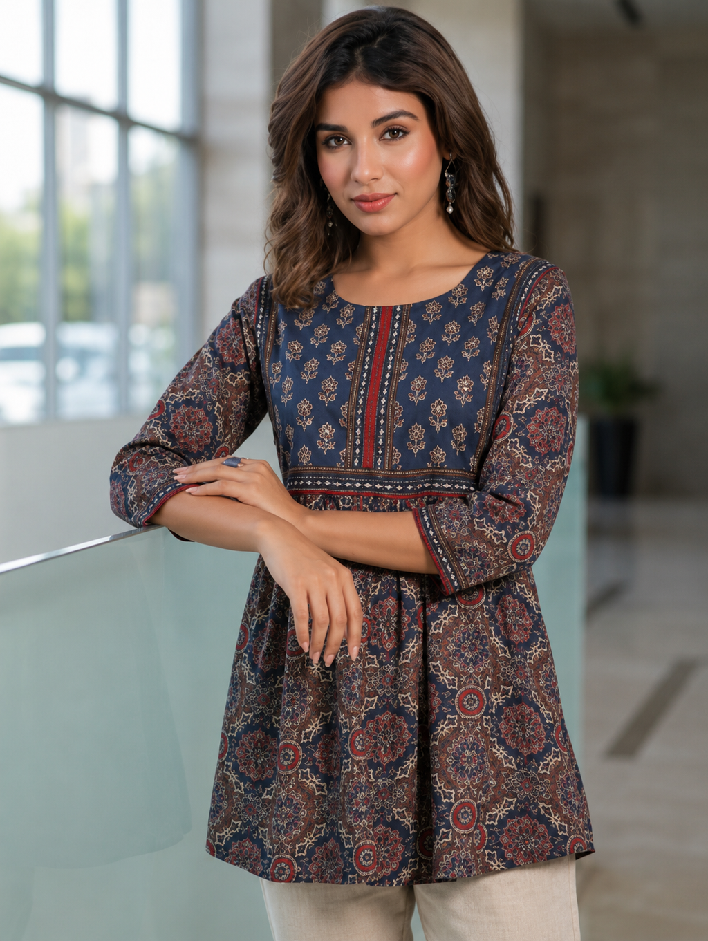 Ethnic Motifs Printed Sequinned Pure Cotton A-Line Kurti