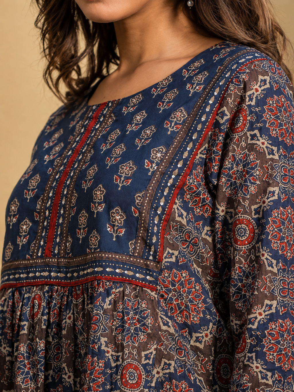 Ethnic Motifs Printed Sequinned Pure Cotton A-Line Kurti