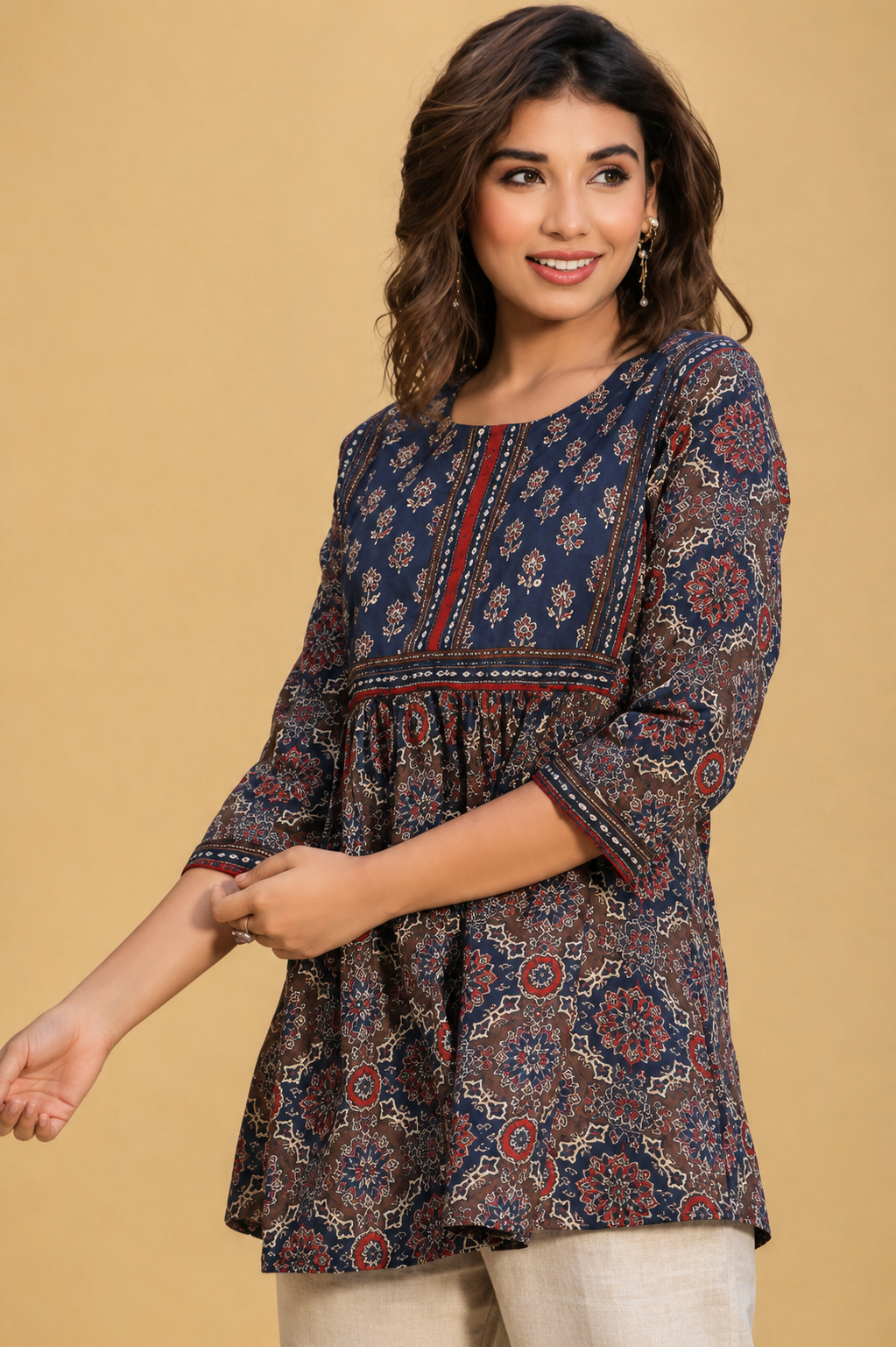 Ethnic Motifs Printed Sequinned Pure Cotton A-Line Kurti