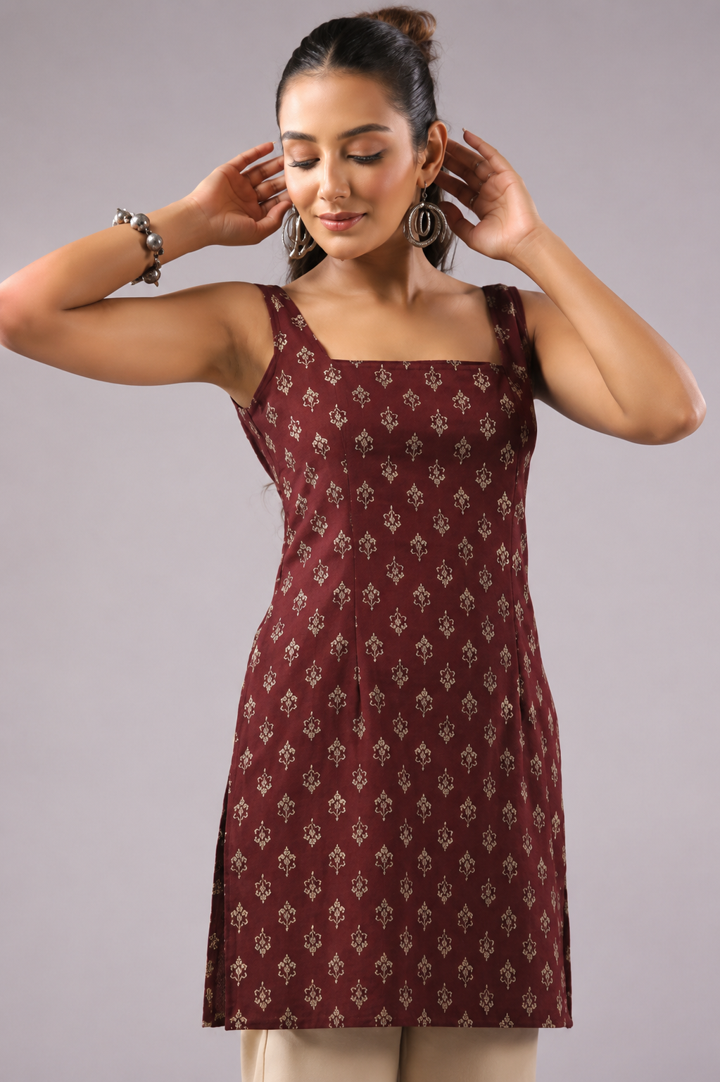 Ethnic Motifs Printed Square Neck Pure Cotton Kurti