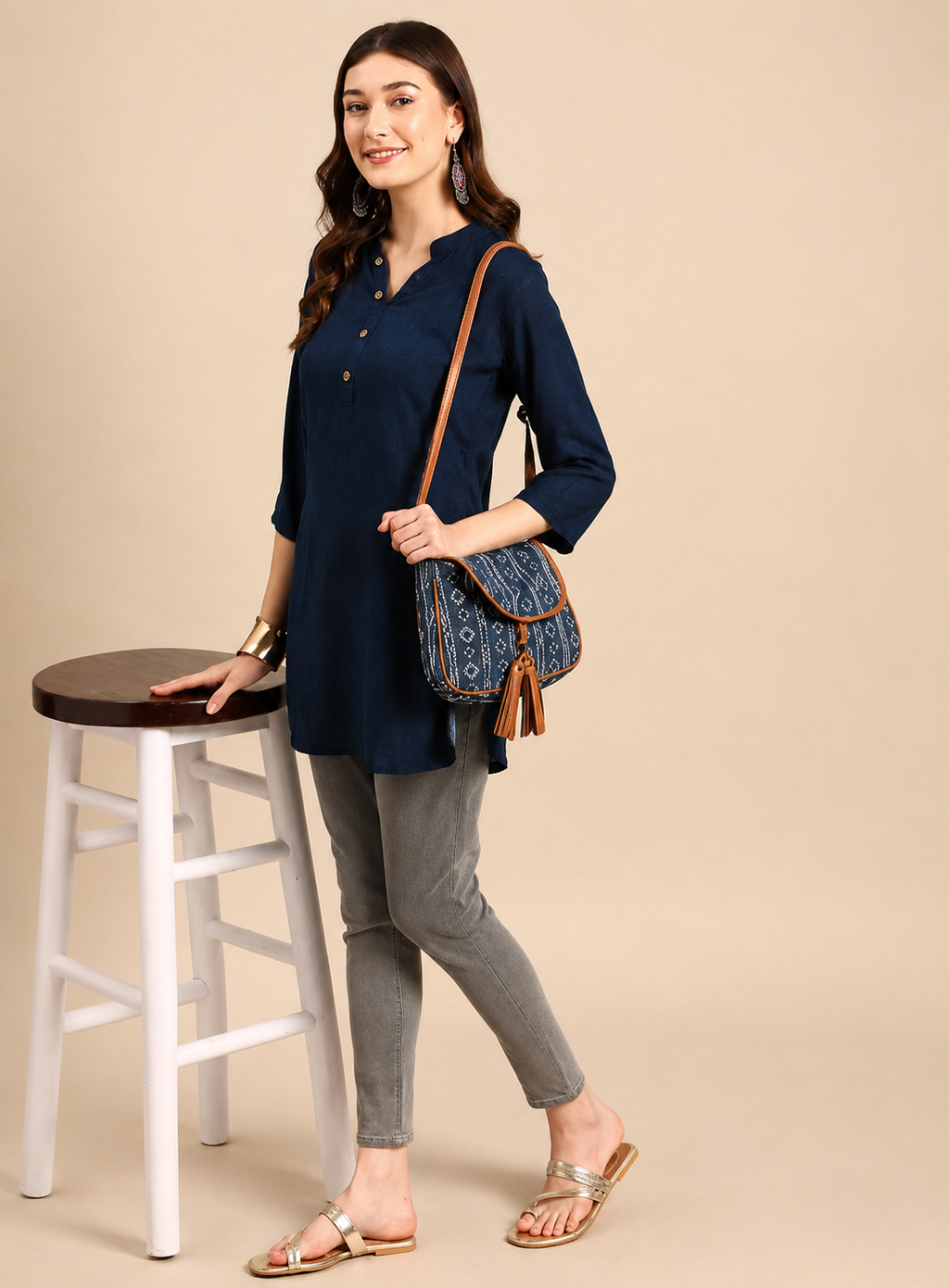 Navy Blue Printed Short Kurti