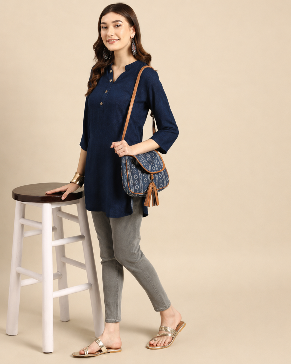 Navy Blue Printed Short Kurti