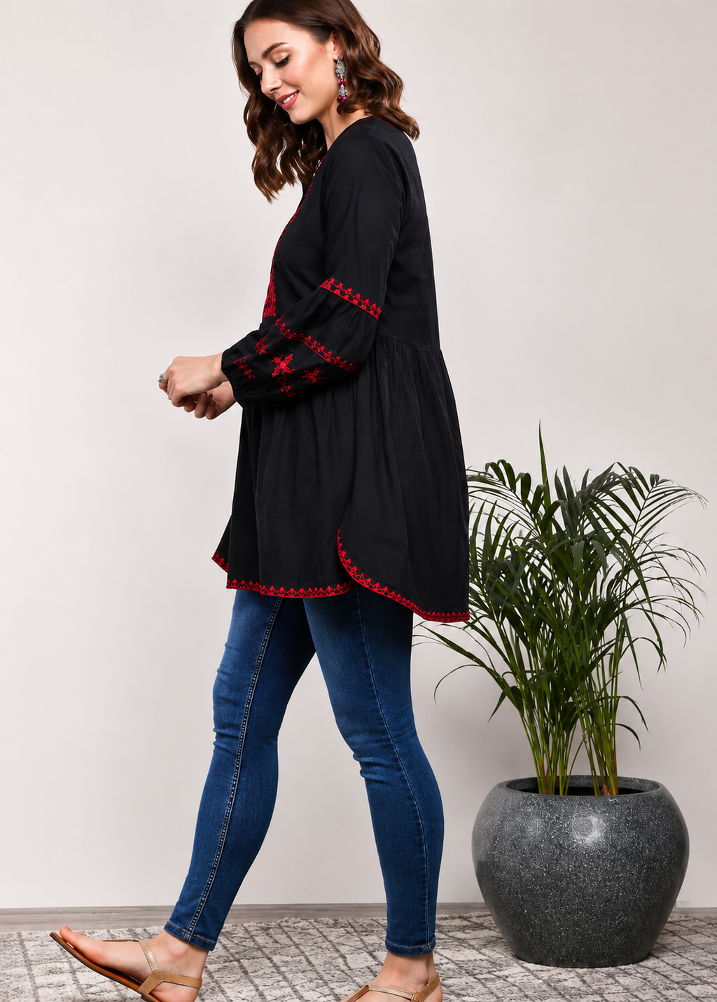 Black & Red Embroidered Tunic