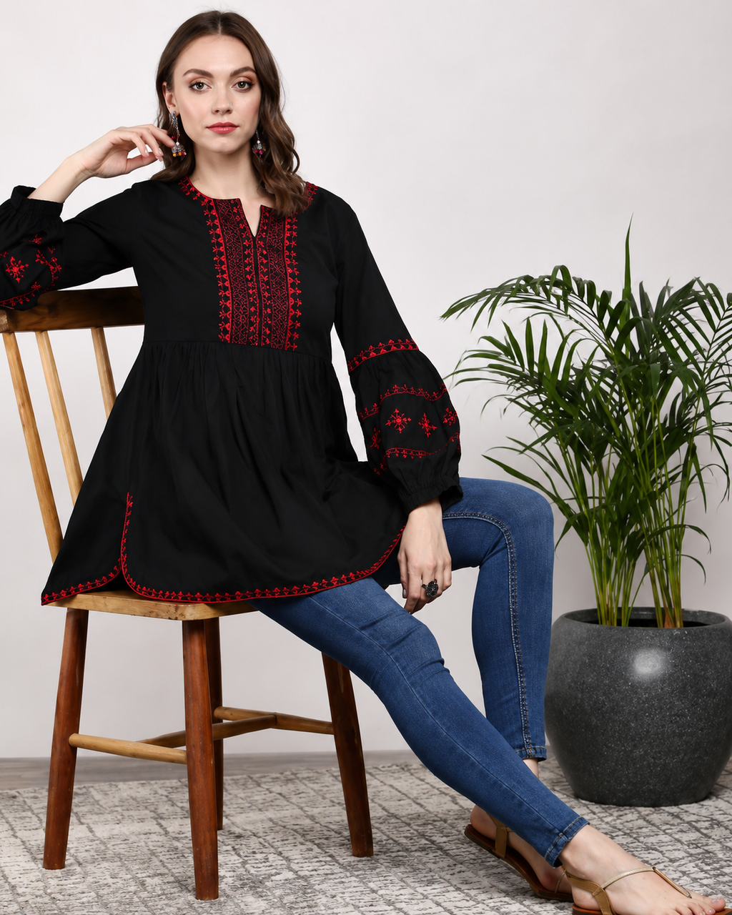 Black & Red Embroidered Tunic