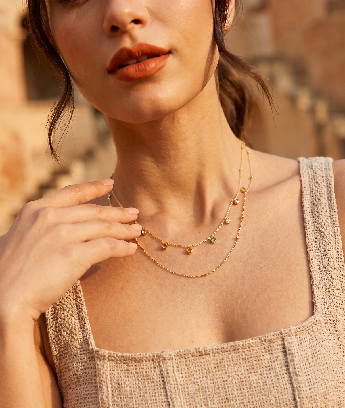 Gold-Toned & Blue Metal Gold-Plated Layered Necklace