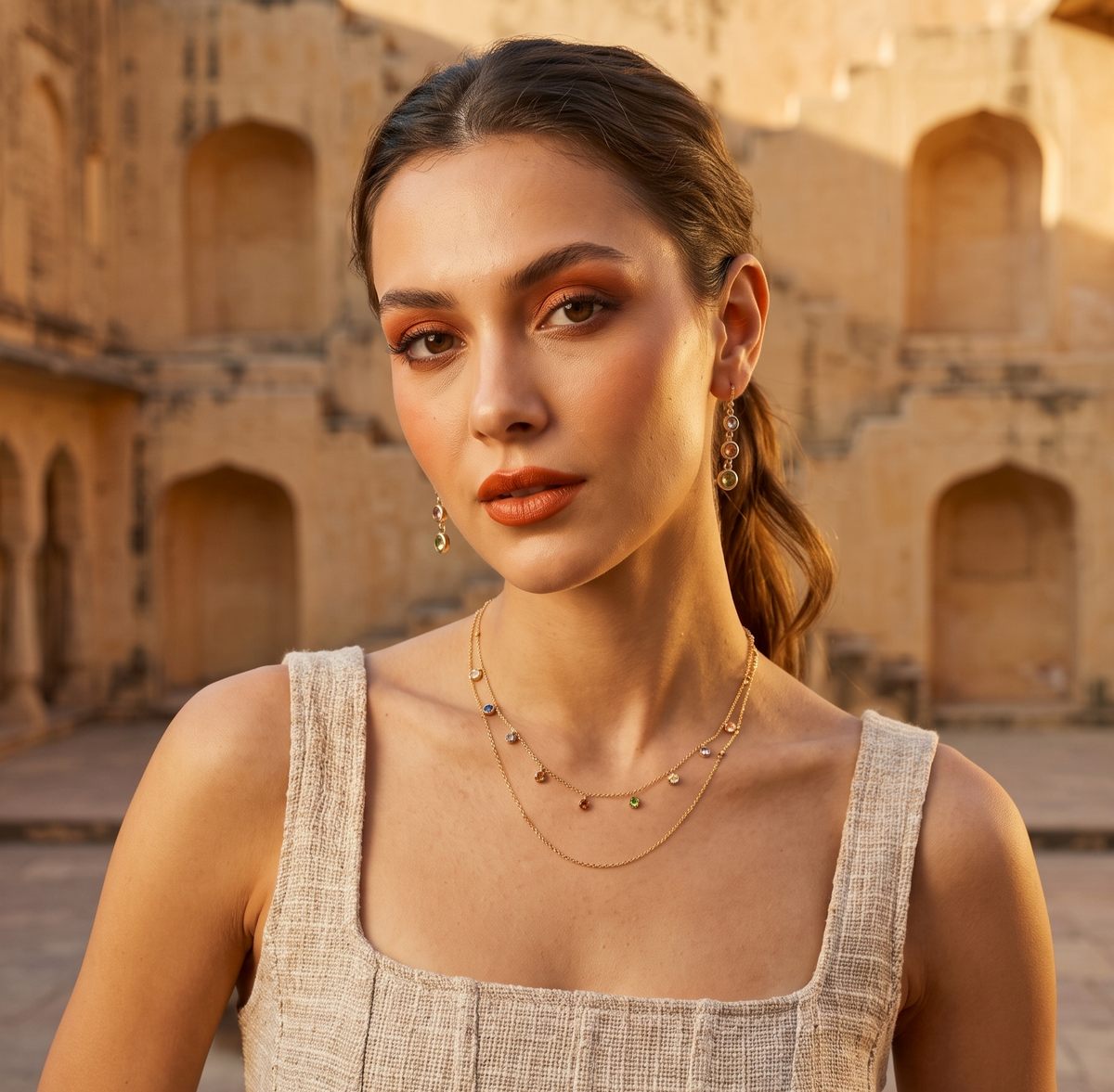 Gold-Toned & Blue Metal Gold-Plated Layered Necklace
