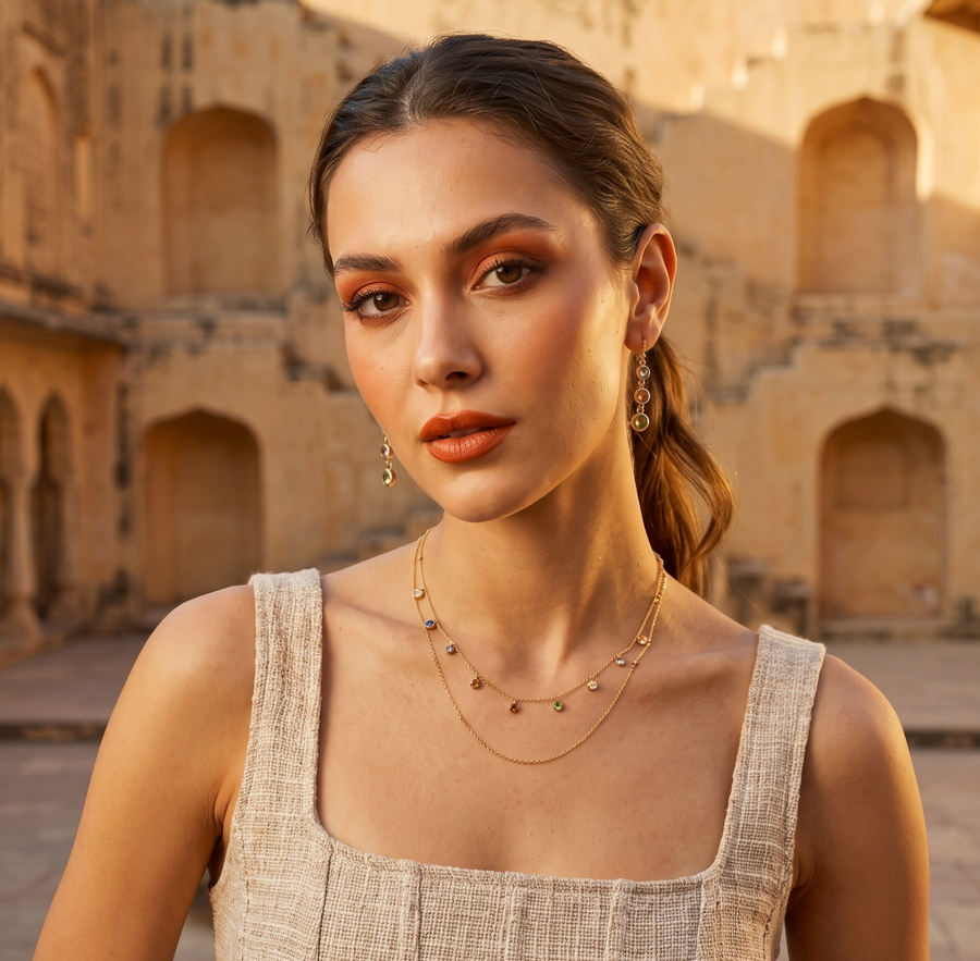 Gold-Toned & Blue Metal Gold-Plated Layered Necklace