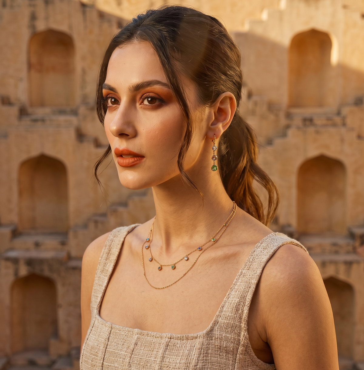Gold-Toned & Blue Metal Gold-Plated Layered Necklace