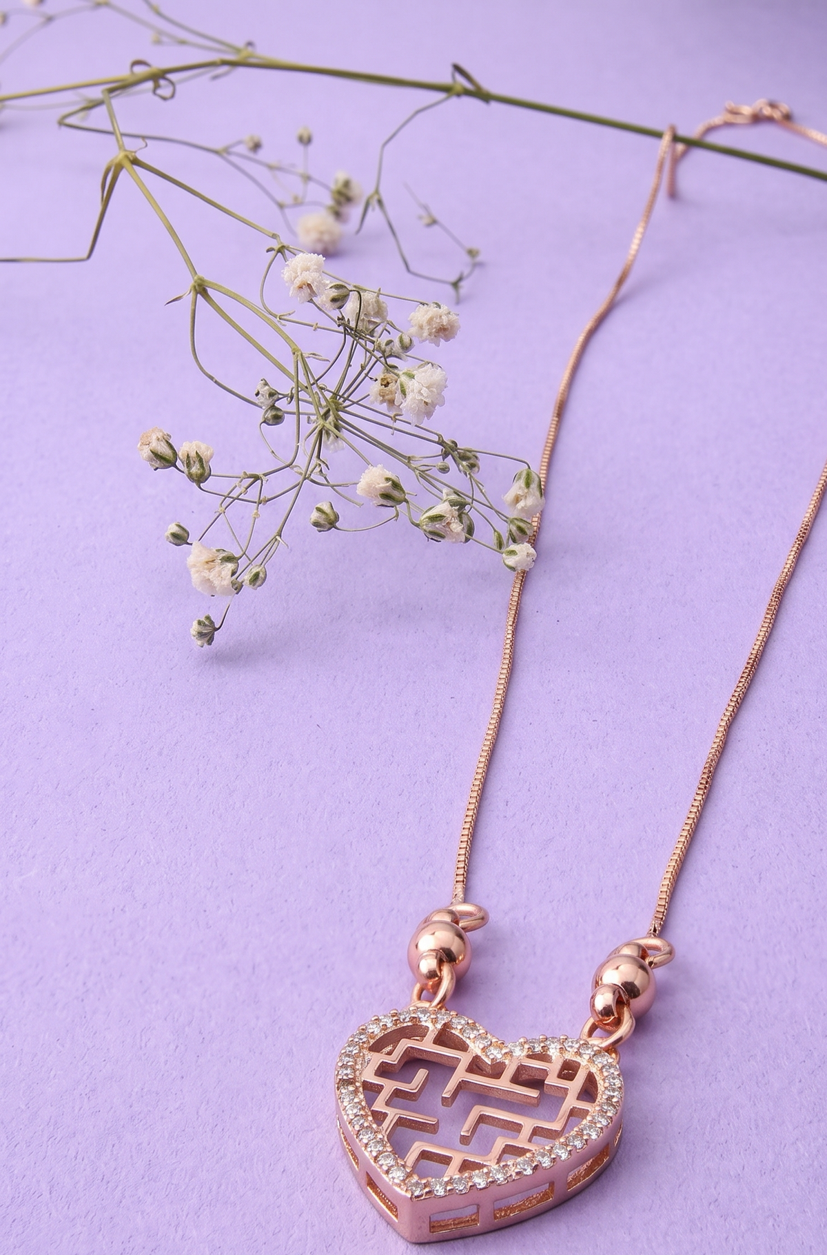 Rose Gold Plated Brass Cubic Zirconia Contemporary Maze Heart Necklace