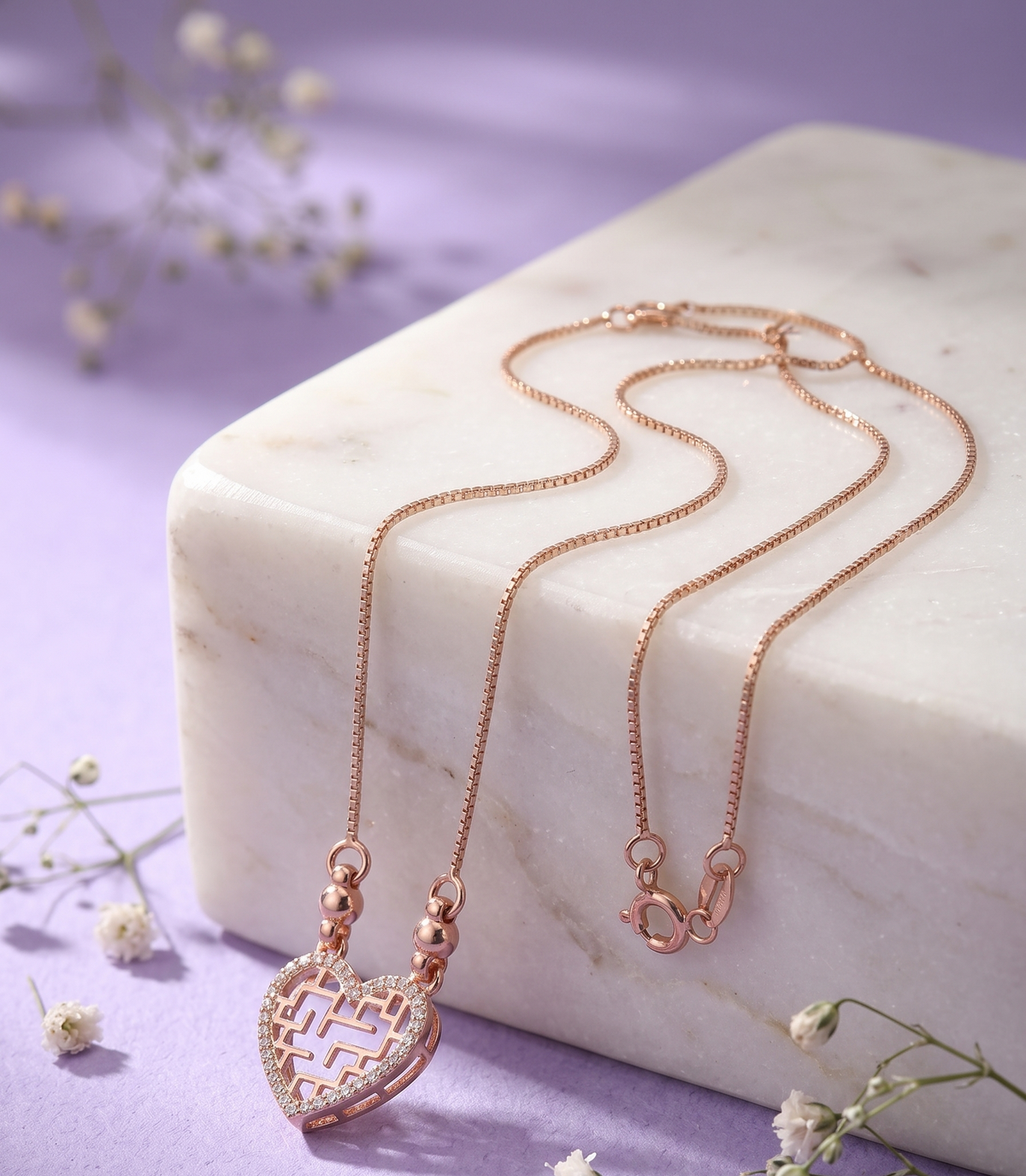Rose Gold Plated Brass Cubic Zirconia Contemporary Maze Heart Necklace