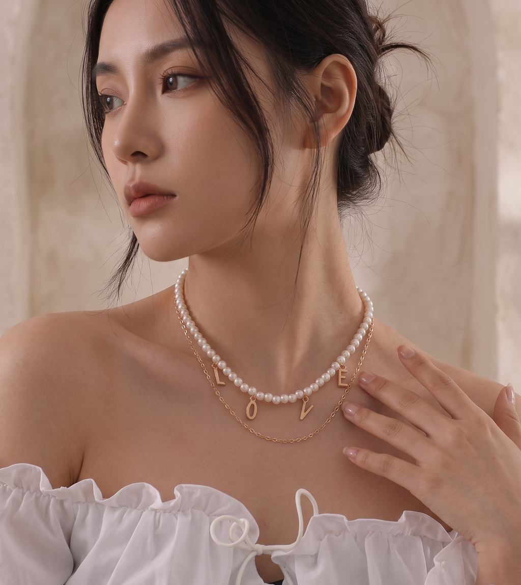 Women Gold-Plated Artificial Beads Double Layered Statement Necklace