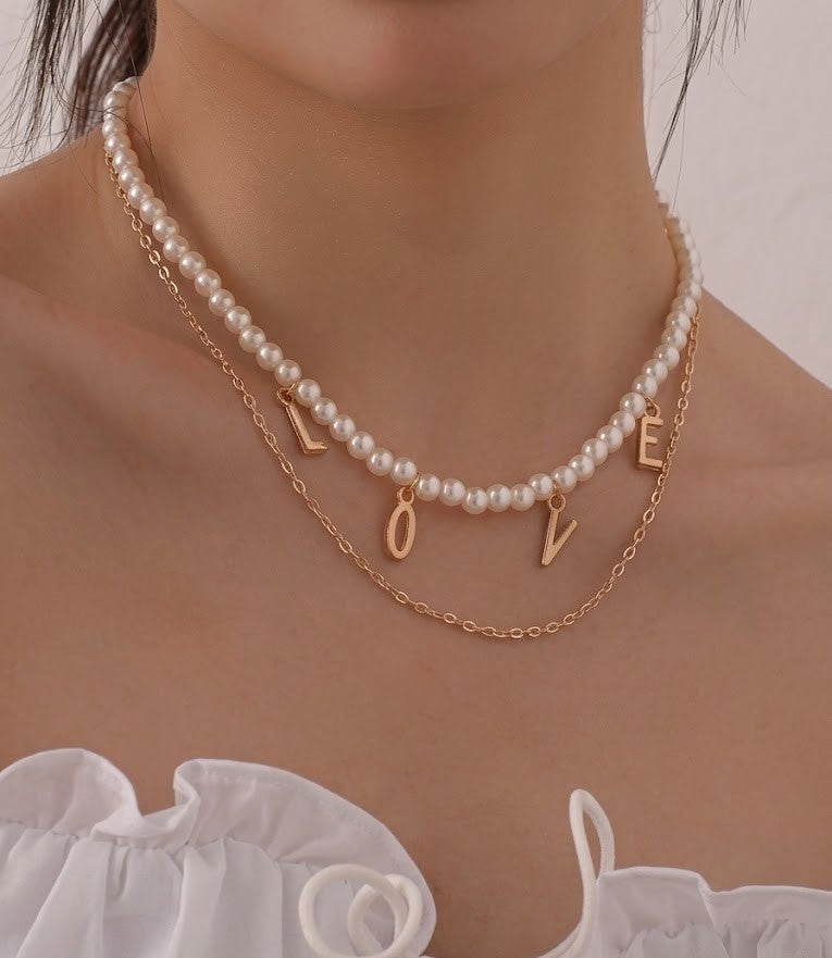 Women Gold-Plated Artificial Beads Double Layered Statement Necklace
