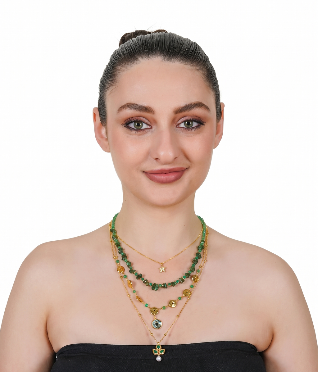 Gold-Plated Layered Green Necklace with Pearl Drop