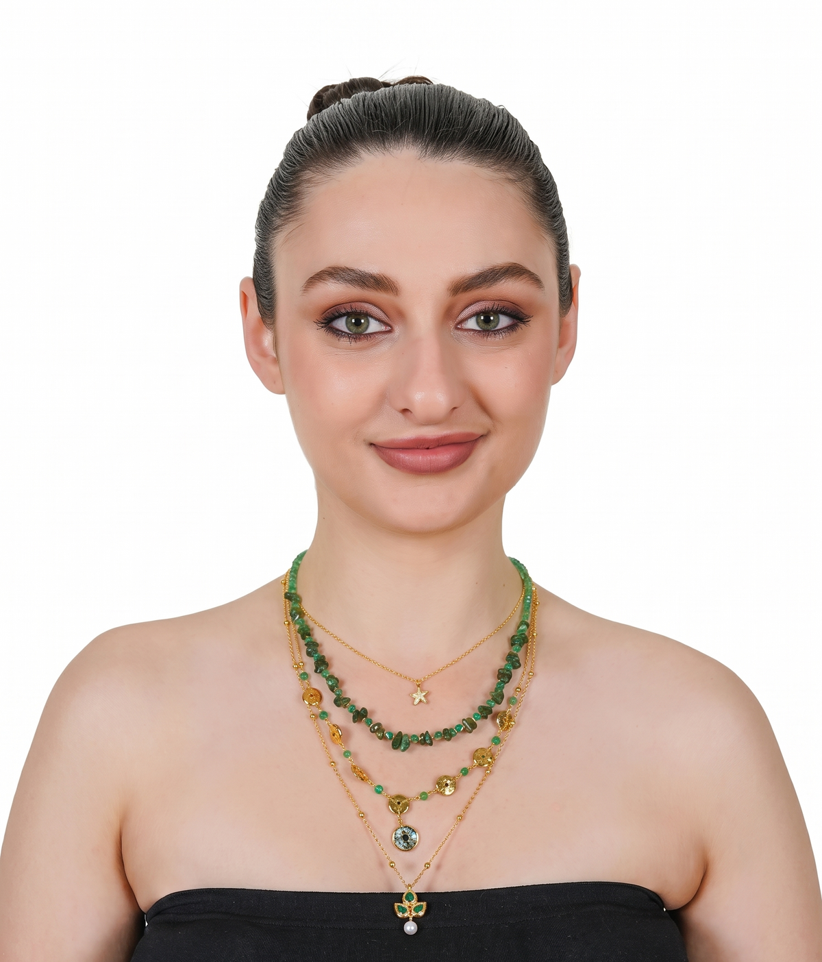 Gold-Plated Layered Green Necklace with Pearl Drop
