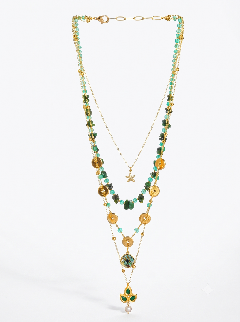 Gold-Plated Layered Green Necklace with Pearl Drop