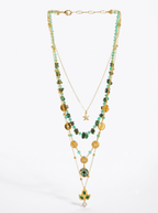 Gold-Plated Layered Green Necklace with Pearl Drop