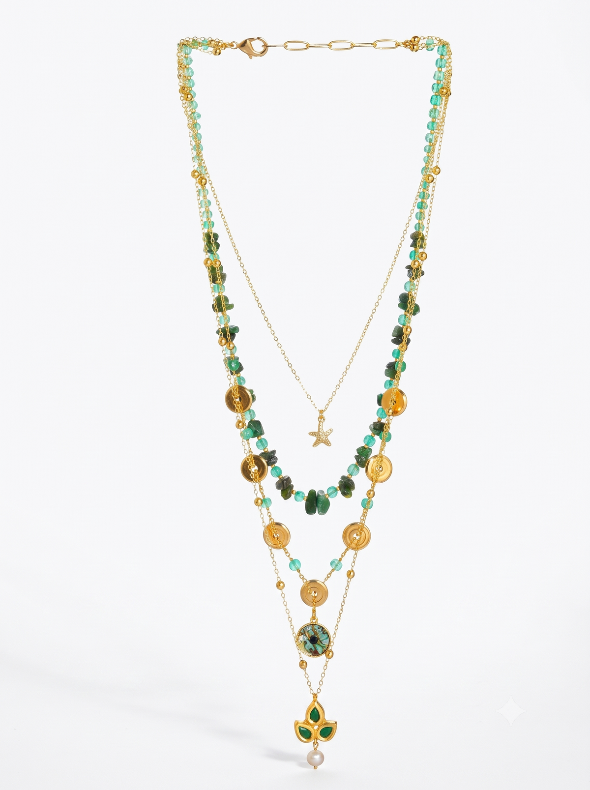 Gold-Plated Layered Green Necklace with Pearl Drop