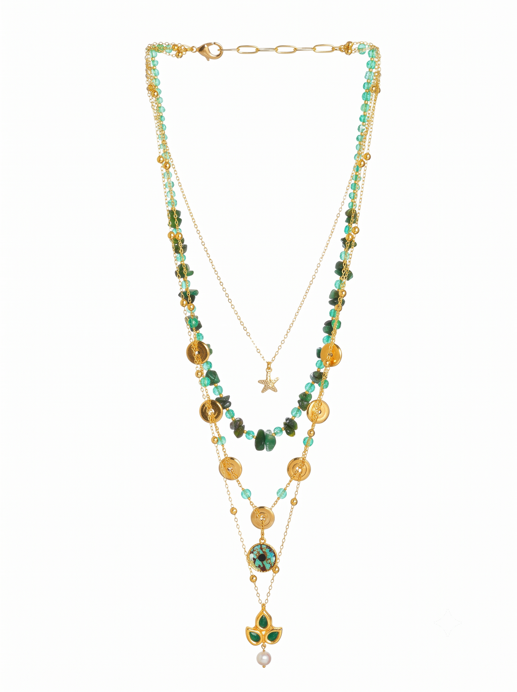 Gold-Plated Layered Green Necklace with Pearl Drop