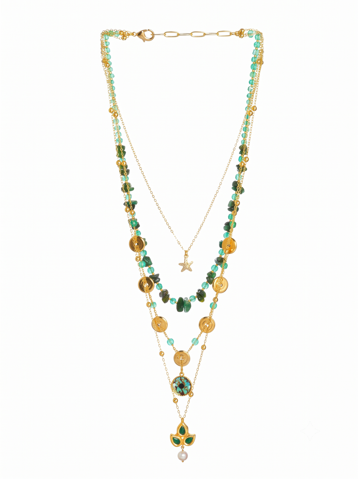 Gold-Plated Layered Green Necklace with Pearl Drop