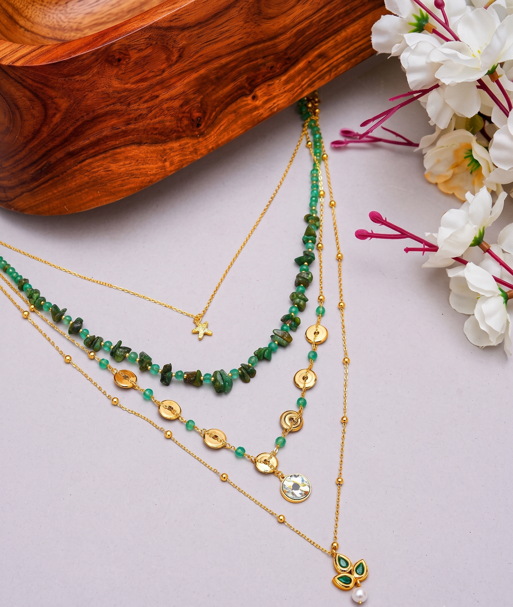 Gold-Plated Layered Green Necklace with Pearl Drop