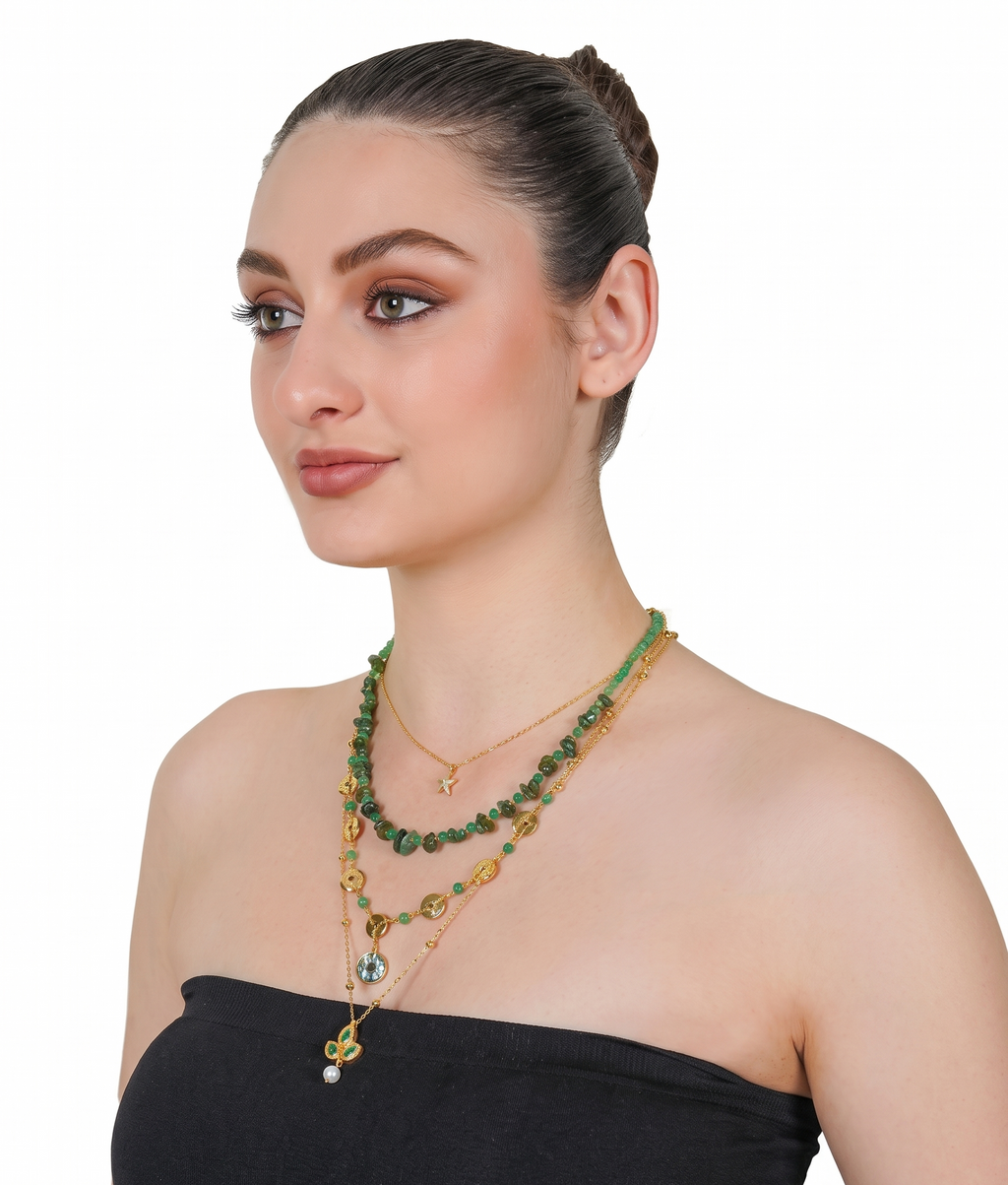 Gold-Plated Layered Green Necklace with Pearl Drop