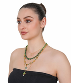 Gold-Plated Layered Green Necklace with Pearl Drop