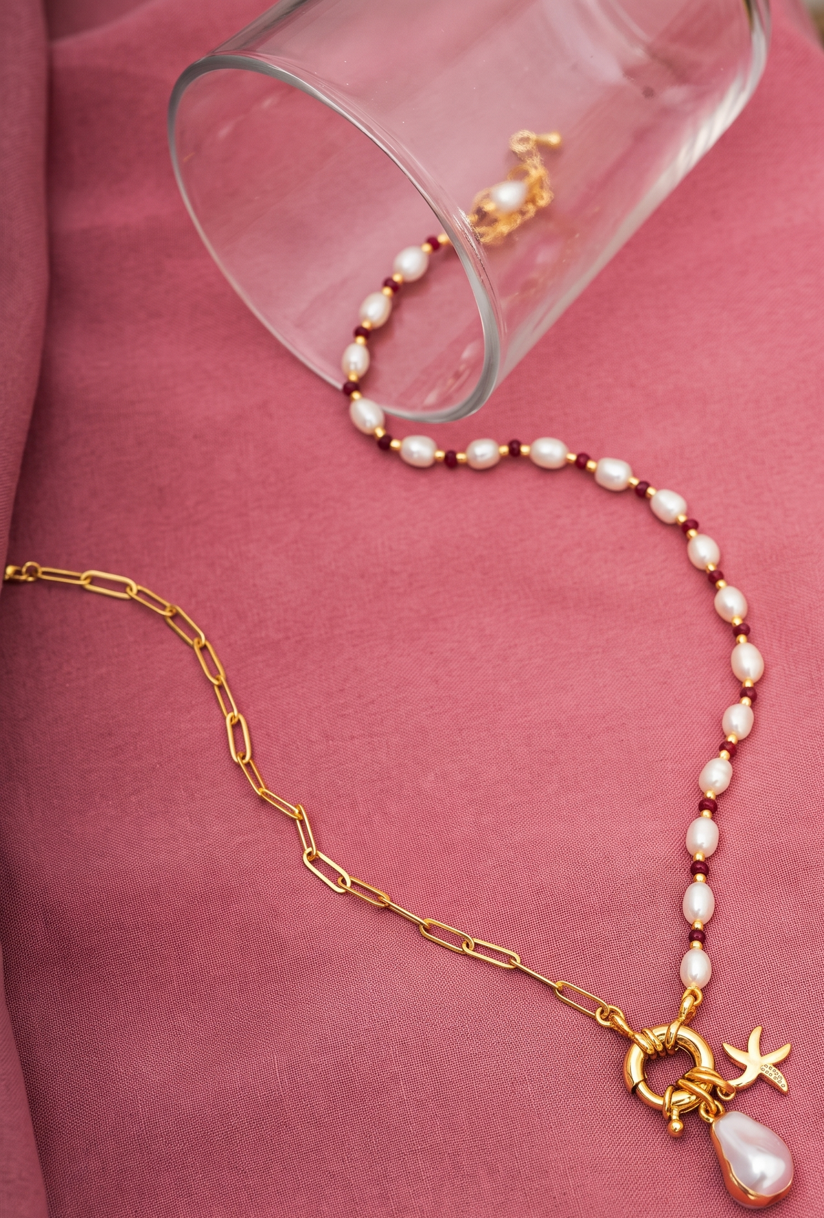 Pearl & Gold Plated Chain Necklace with Star Charm Pendant