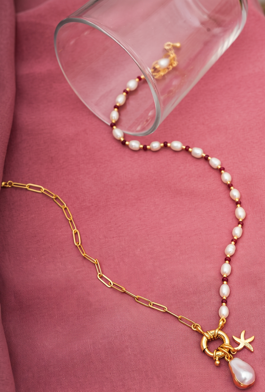 Pearl & Gold Plated Chain Necklace with Star Charm Pendant