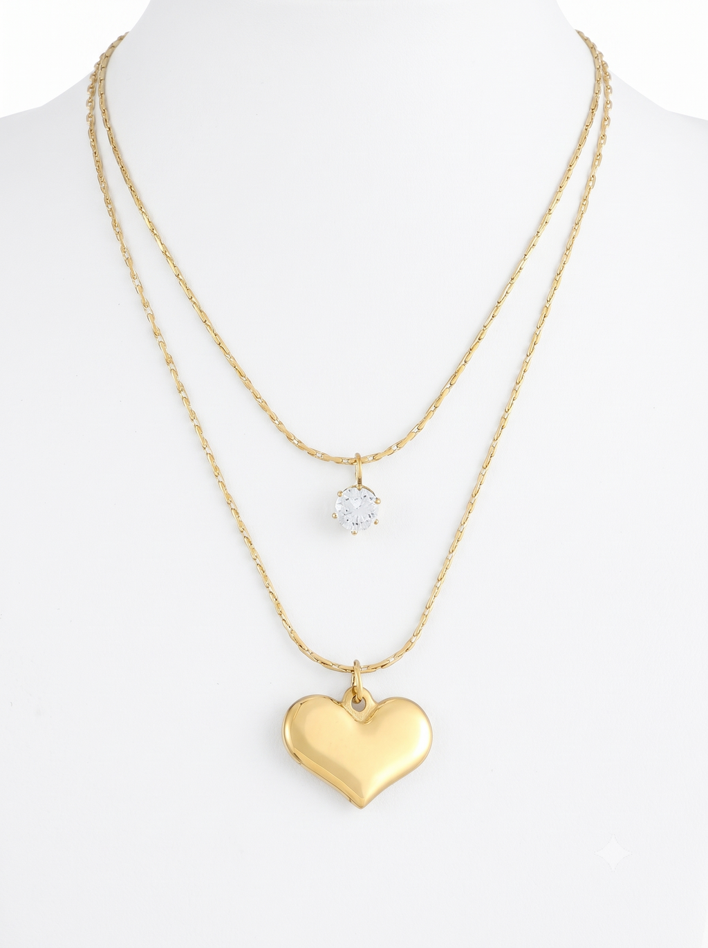 Gold-Plated Stainless Steel Heart and Crystal Studded Layered Necklace