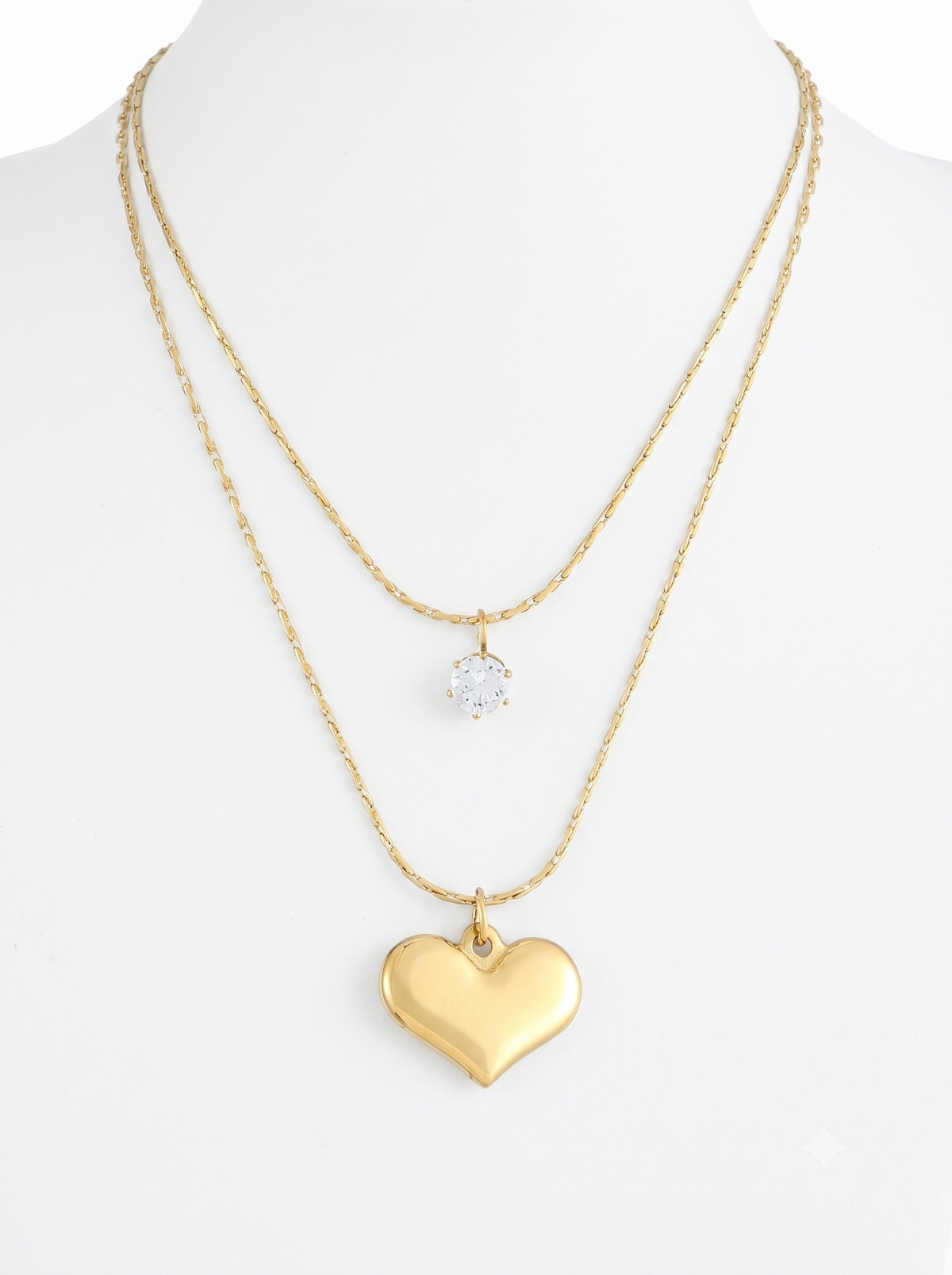 Gold-Plated Stainless Steel Heart and Crystal Studded Layered Necklace