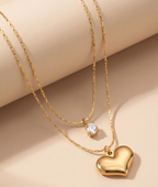 Gold-Plated Stainless Steel Heart and Crystal Studded Layered Necklace
