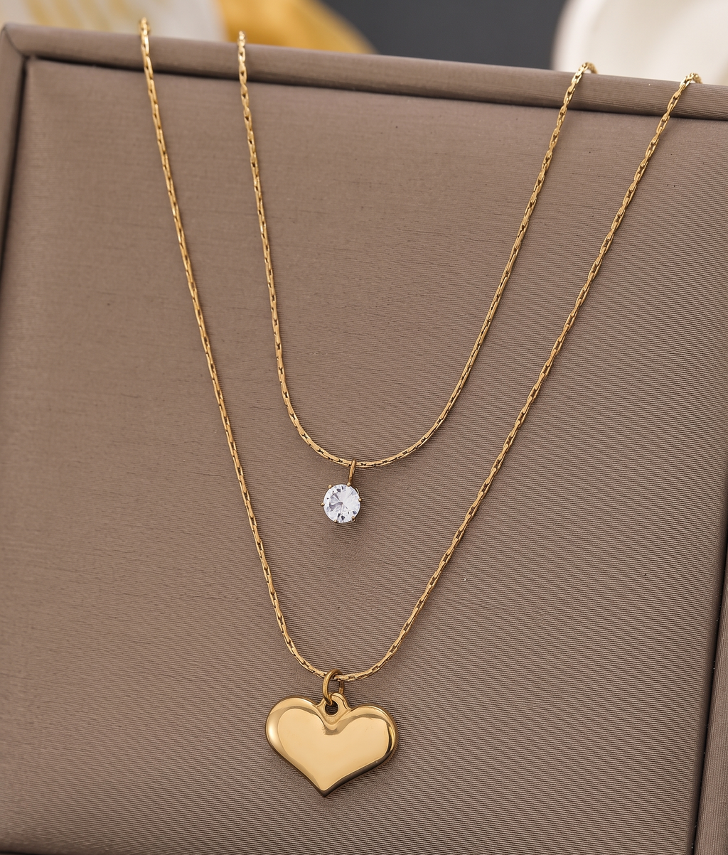 Gold-Plated Stainless Steel Heart and Crystal Studded Layered Necklace