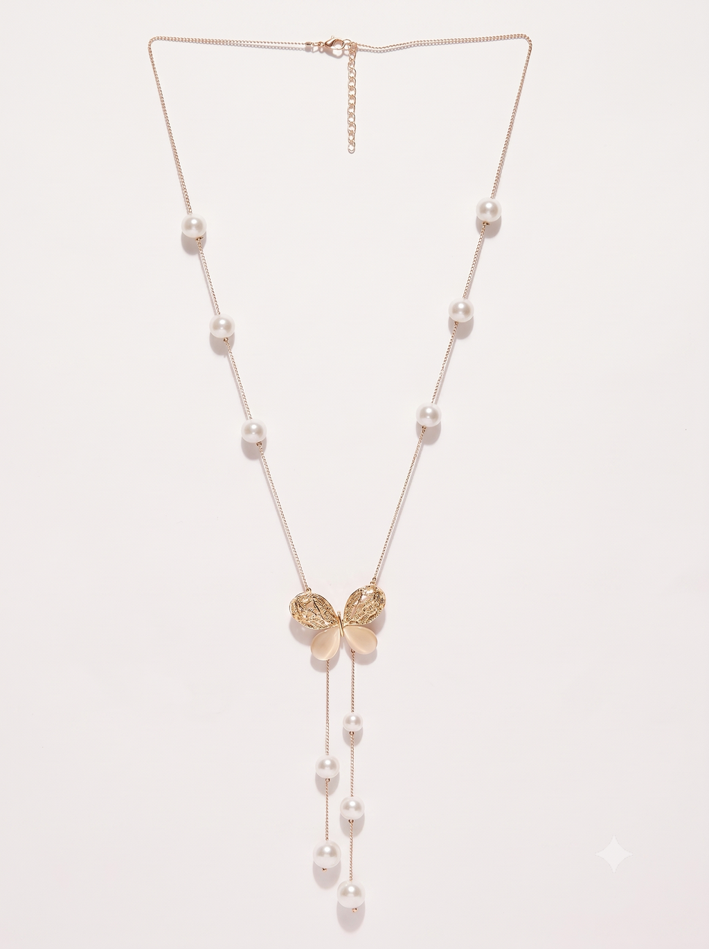 Gold-Toned & Off-White Beaded Lariat Necklace