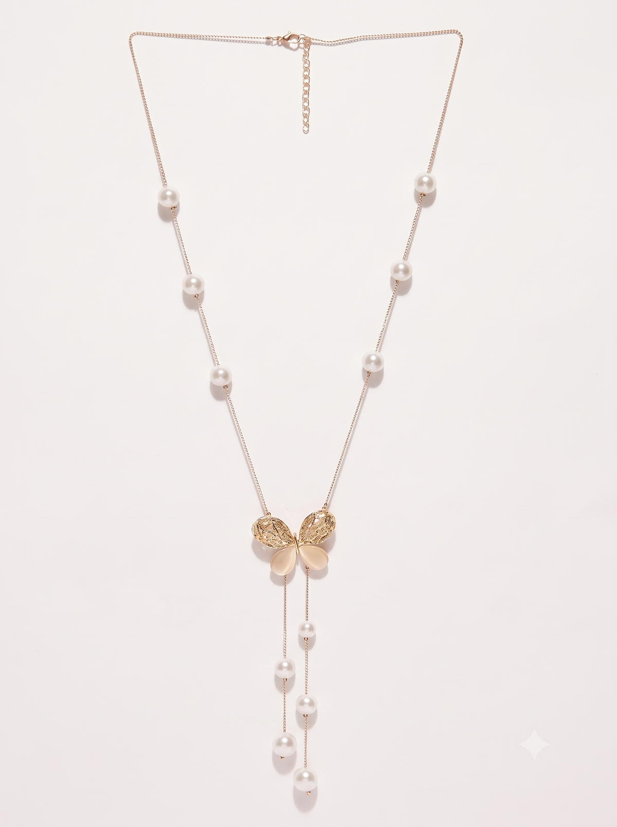 Gold-Toned & Off-White Beaded Lariat Necklace