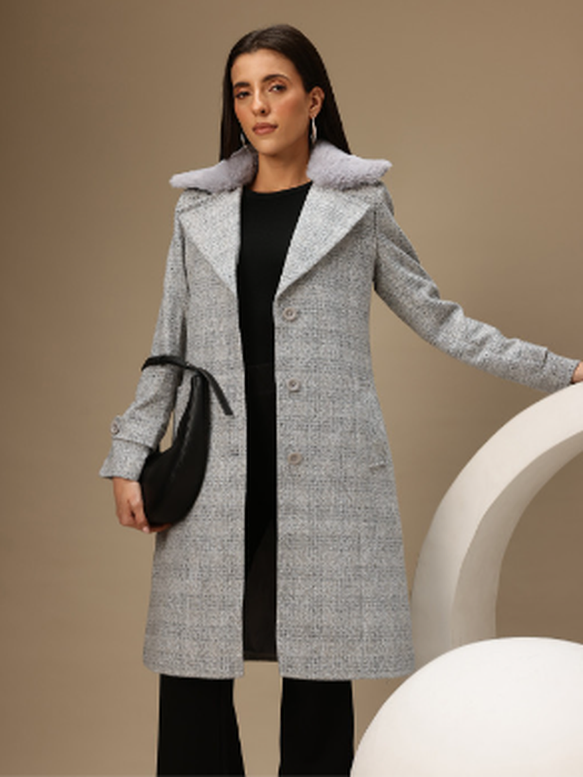 Detachable Faux Fur Trim Tweed Overcoat