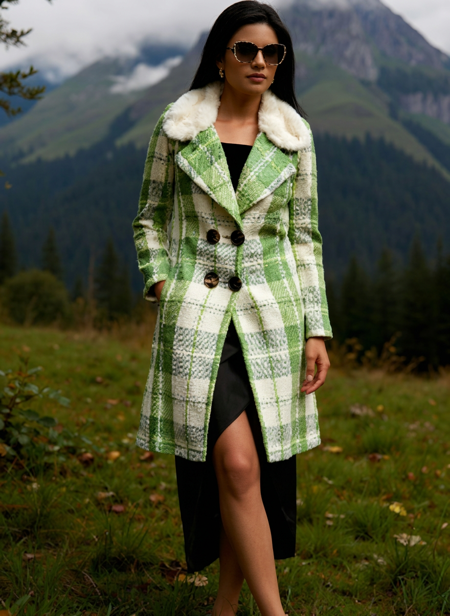 Women Checked Double-Breasted Notched Lapel Overcoat Coats