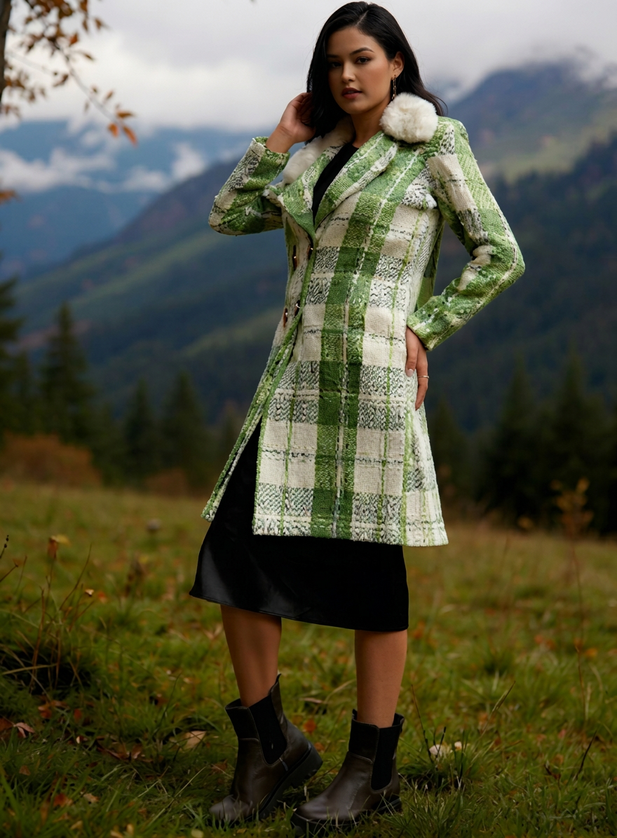 Women Checked Double-Breasted Notched Lapel Overcoat Coats