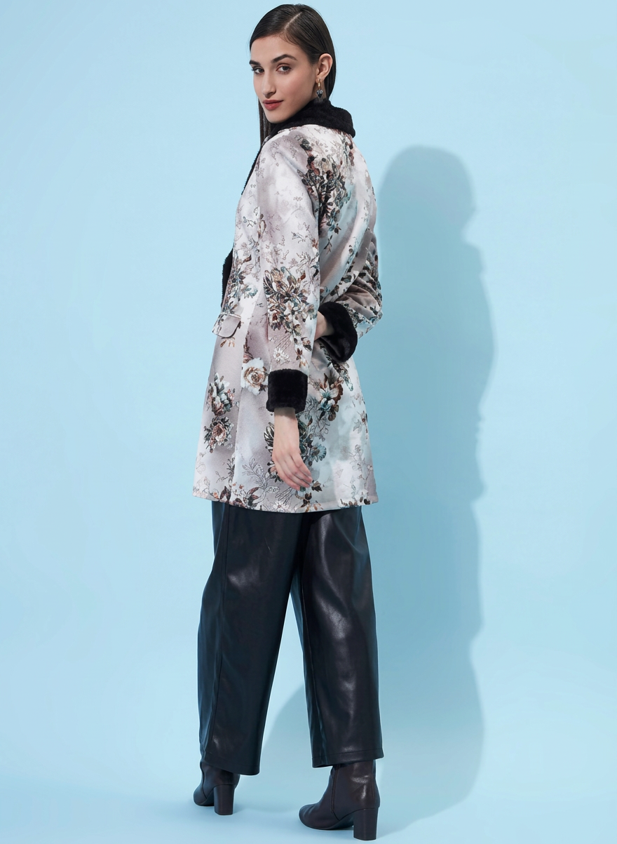 Women Beige Printed Double-Breasted Overoat