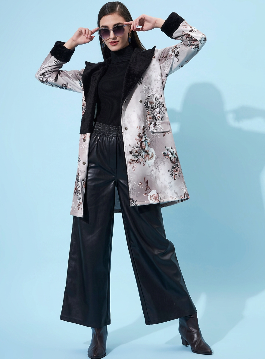 Women Beige Printed Double-Breasted Overoat