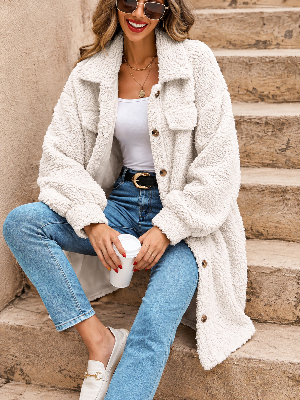 White Faux Fur Trim Spread Collar Overcoat