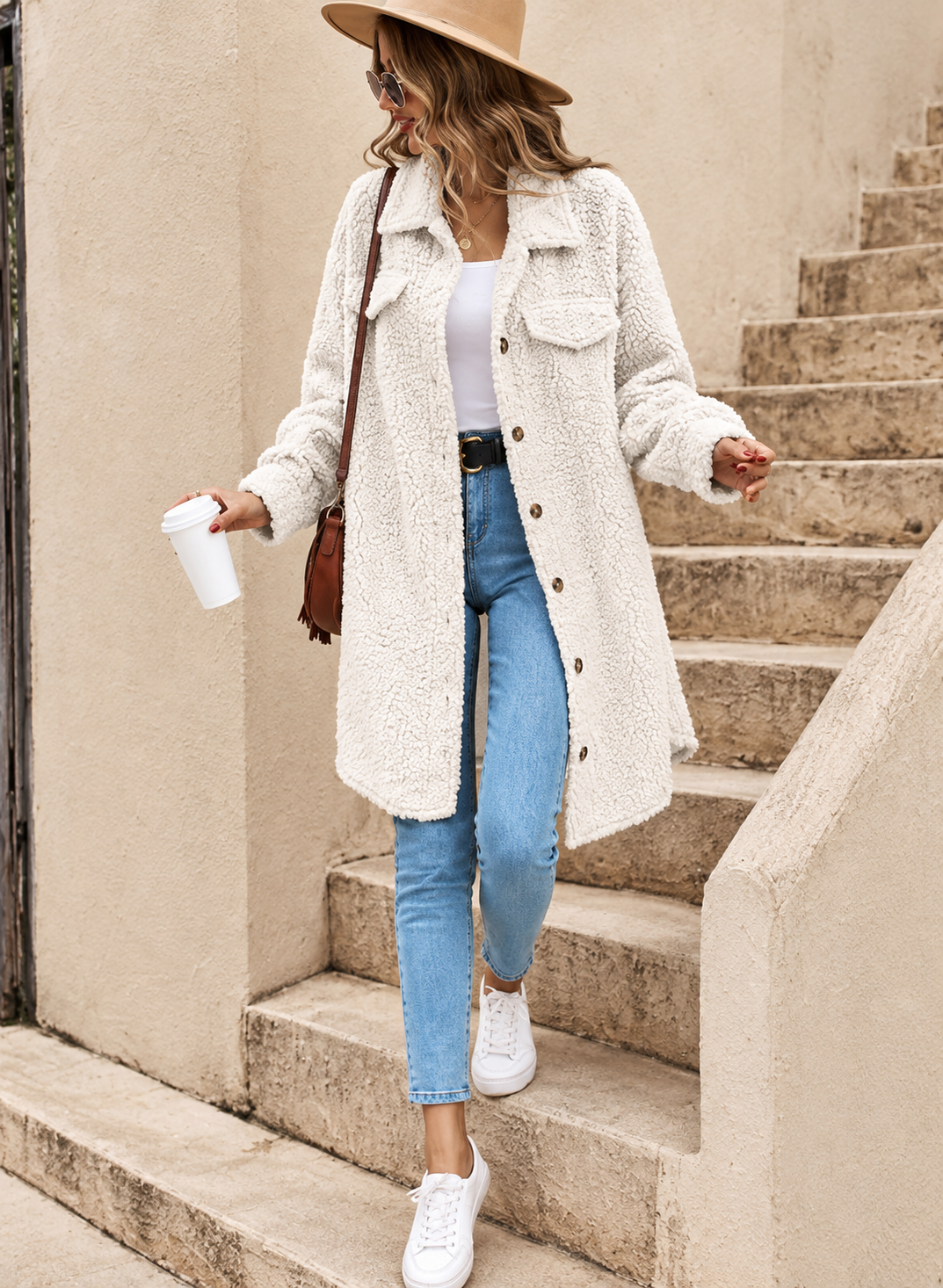 White Faux Fur Trim Spread Collar Overcoat