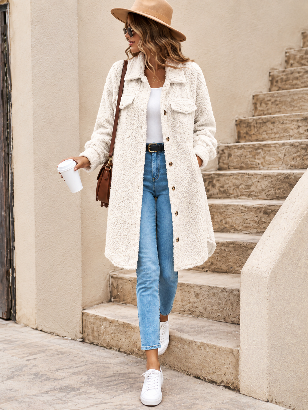 White Faux Fur Trim Spread Collar Overcoat