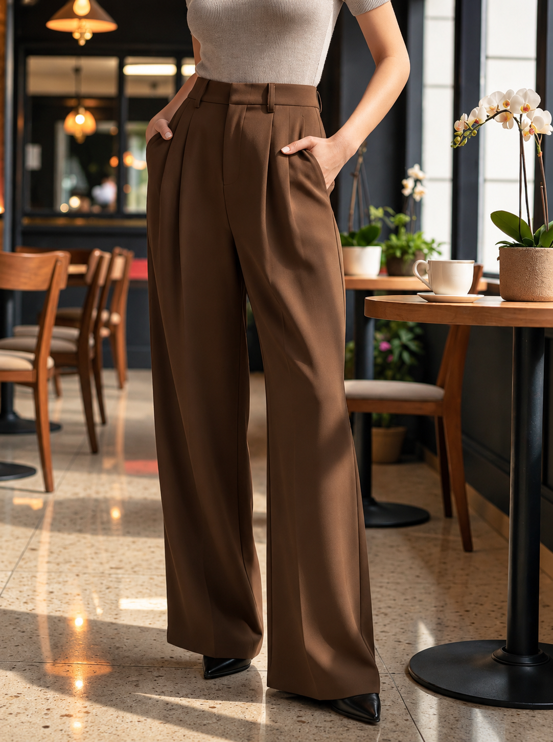 Women Smart Loose Fit High-Rise Easy Wash Pleated Trousers