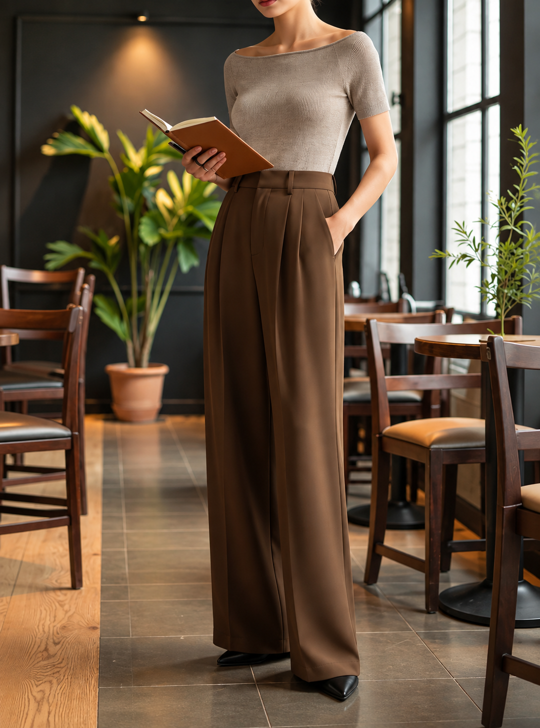 Women Smart Loose Fit High-Rise Easy Wash Pleated Trousers