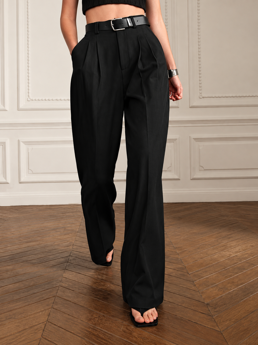 Women Smart Loose Fit High-Rise Easy Wash Pleated Trousers