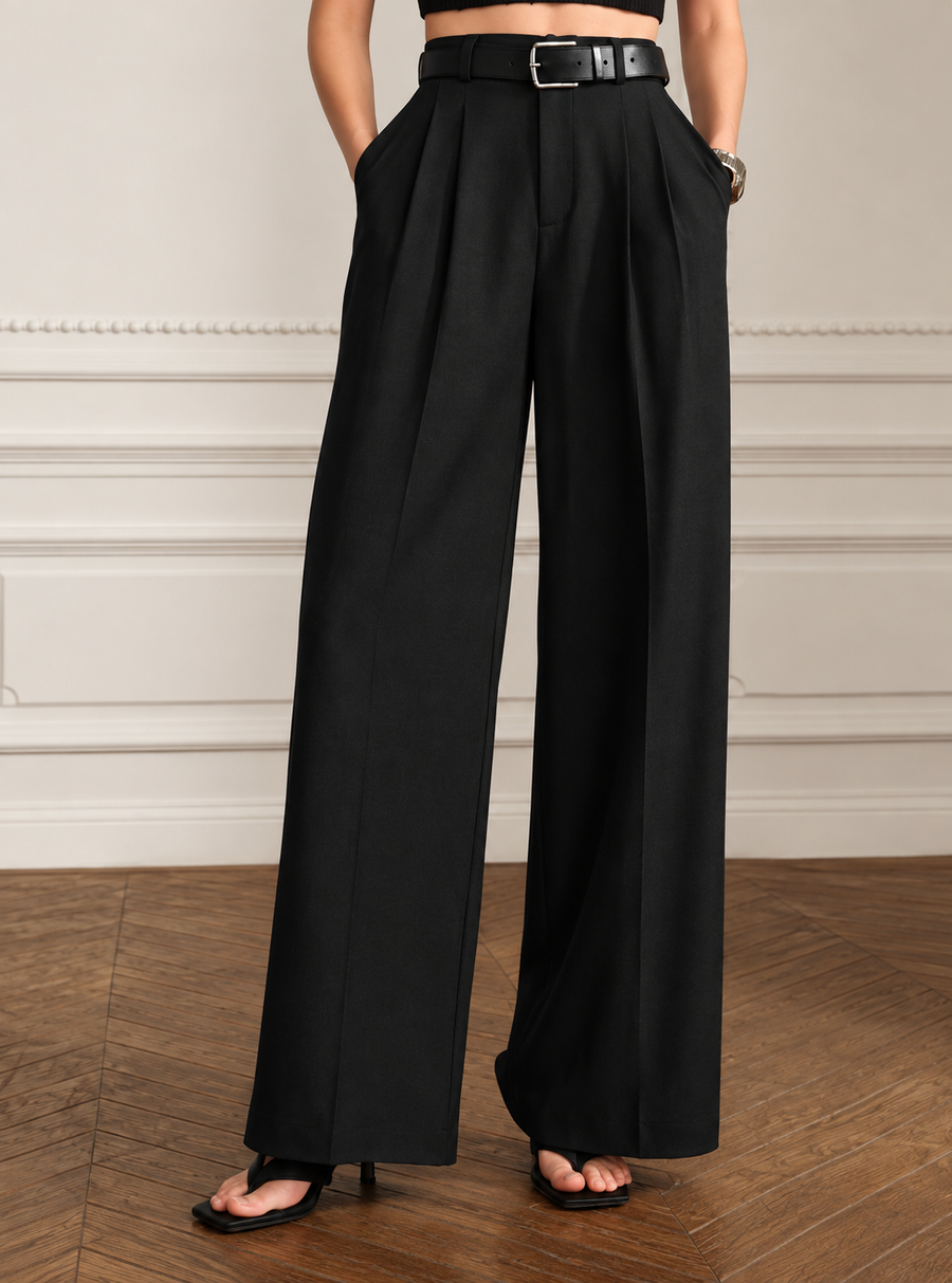Women Smart Loose Fit High-Rise Easy Wash Pleated Trousers